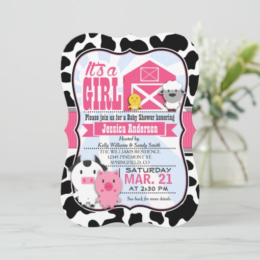 ピンクと黒のファーム動物の女性のカーボーイ赤ちゃんシャワー 招待状 (スタンド正面)