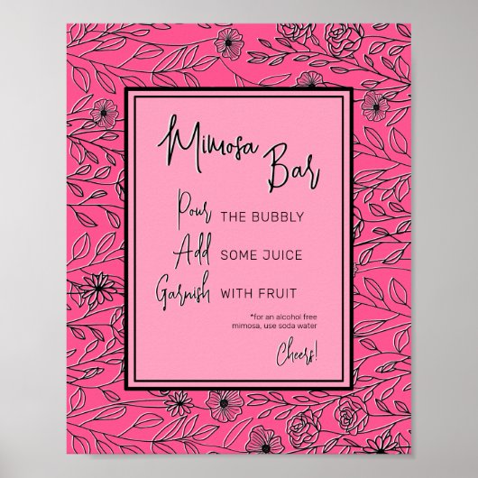 ピンクと黒のフローラブライダルシャワーミモザバー ポスター (正面)
