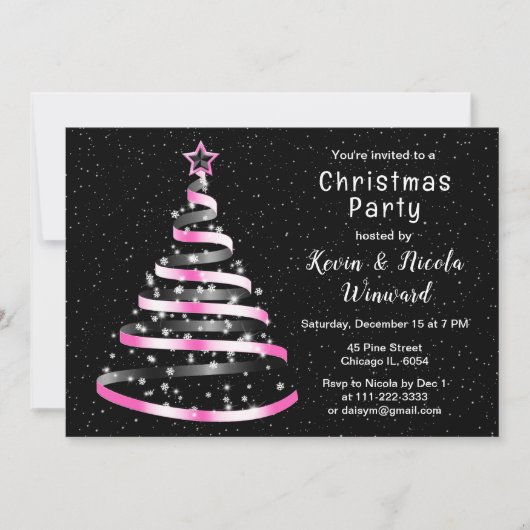 ピンクと黒のリボンツリークリスマスパーティー 招待状 (正面)