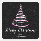 ピンクと黒のリボンツリーメリークリスマス スクエアシール (正面)
