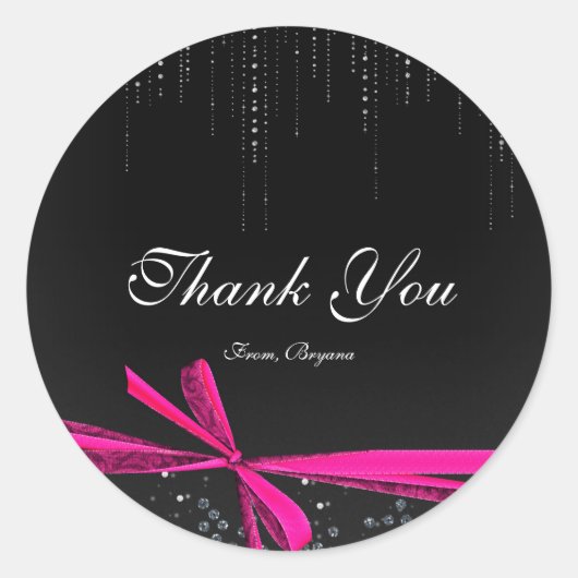 ピンクと黒のリボン弓ラインストーンステッきらきら光るカー ラウンドシール (正面)