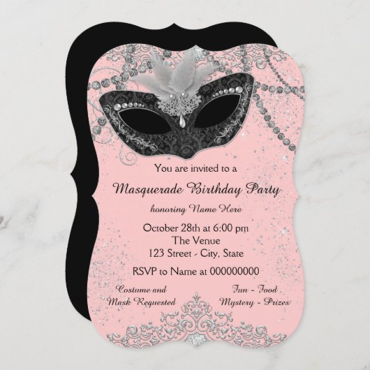 ピンクと黒の仮装パーティー 招待状 (正面/裏面)