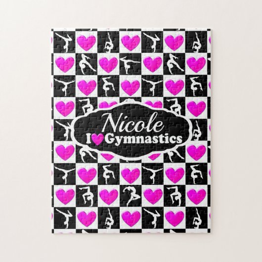 ピンクと黒の体操パーソナライズされたデザイン ジグソーパズル (縦)