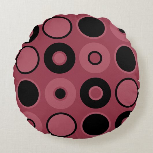 ピンクと黒の円の装飾用クッション ラウンドクッション (正面)