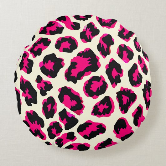 ピンクと黒の動物ヒョウ柄 ラウンドクッション (正面)