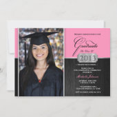 ピンクと黒の卒業モダン発表 招待状 (正面)