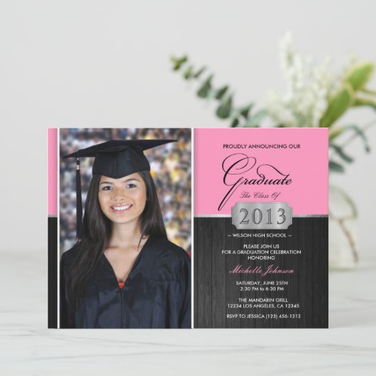 ピンクと黒の卒業モダン発表 招待状 (スタンド正面)