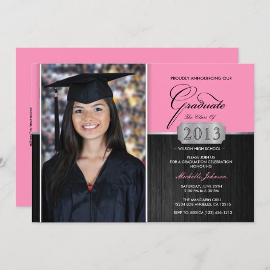 ピンクと黒の卒業モダン発表 招待状 (正面/裏面)