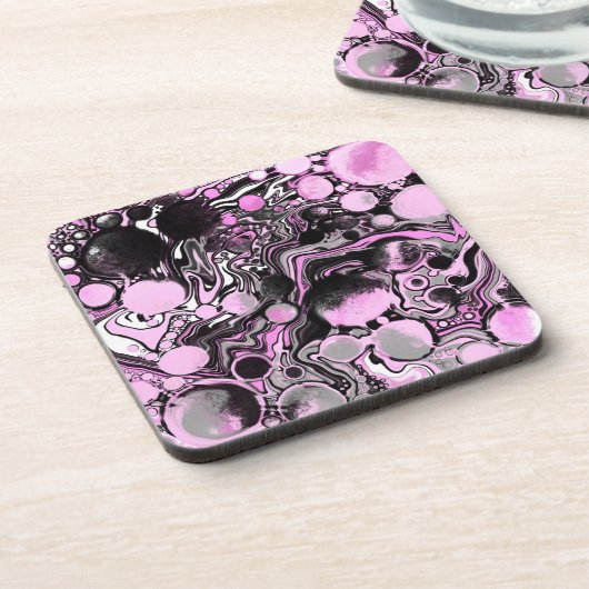ピンクと黒の大理石の流体アートセモダンル コースター (左側)