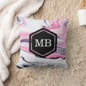 ピンクと黒の大理石モノグラムパターン（の模様が）ある枕 クッション (ブランケット)