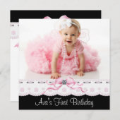 ピンクと黒の女の子の写真の誕生日パーティー 招待状 (正面/裏面)