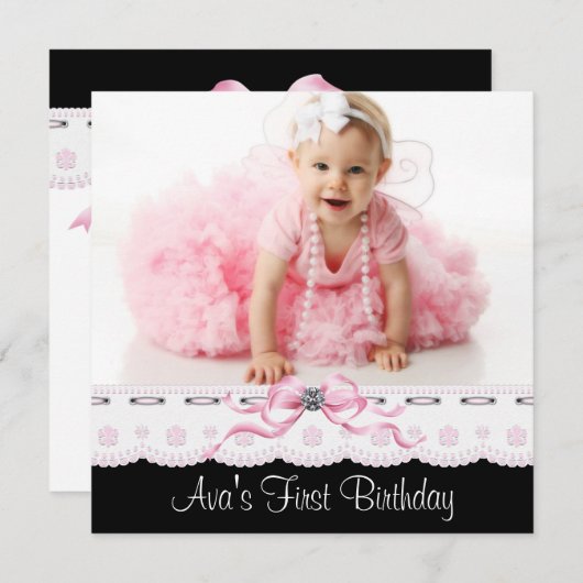 ピンクと黒の女の子の写真の誕生日パーティー 招待状 (正面/裏面)