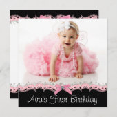 ピンクと黒の女の子の写真の誕生日パーティー 招待状 (正面/裏面)