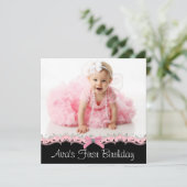 ピンクと黒の女の子の写真の誕生日パーティー 招待状 (スタンド正面)