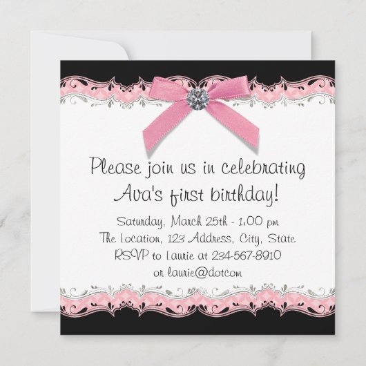 ピンクと黒の女の子の写真の誕生日パーティー 招待状 (裏面)
