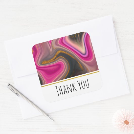 ピンクと黒の抽象芸術と金ゴールド渦巻きありがとう スクエアシール (封筒)