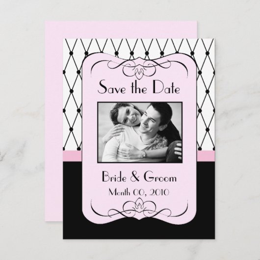 ピンクと黒の日付を保存フォトポストカード 案内ポストカード (正面/裏面)