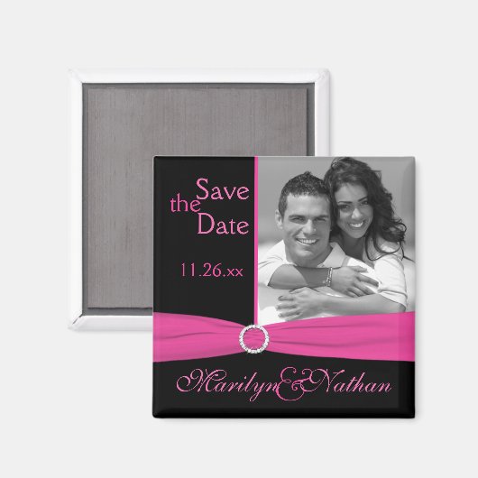 ピンクと黒の日付写真マグネットを保存 マグネット (正面/裏面)