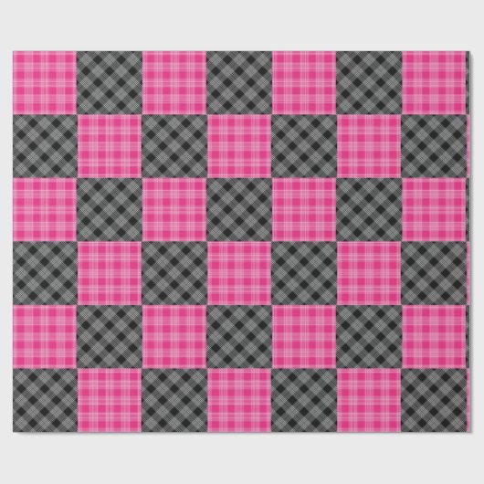 ピンクと黒の格子模様のギフトラップ ラッピングペーパー (フラット)