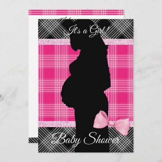 ピンクと黒の格子模様ベビーシャワー招待状 招待状 (正面/裏面)
