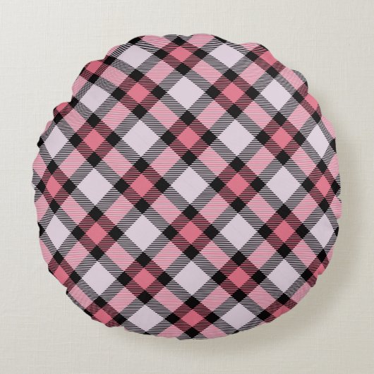 ピンクと黒の格子縞 ラウンドクッション (正面)