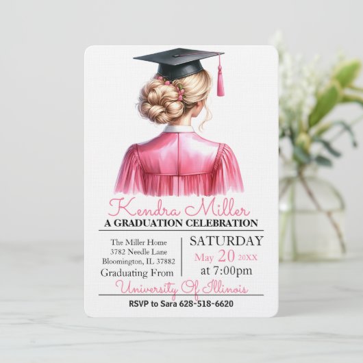 ピンクと黒の水彩卒業招待状 招待状 (スタンド正面)