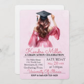 ピンクと黒の水彩卒業招待状 招待状 (正面/裏面)