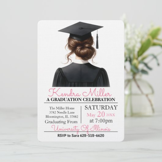 ピンクと黒の水彩卒業招待状 招待状 (スタンド正面)