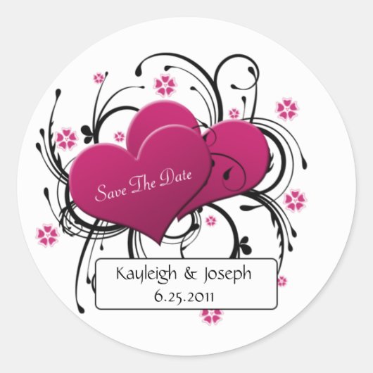 ピンクと黒の渦巻き旋回が日付のシールを保存 ラウンドシール (正面)