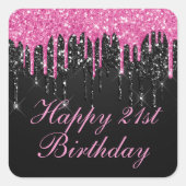 ピンクと黒の滴下グリッター誕生日 スクエアシール (正面)