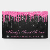 ピンクと黒の滴下グリッターSweet sixteen 横断幕 (横)