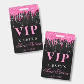 ピンクと黒の滴下グリッターSweet sixteenVIP バッジ (正面＆裏面)