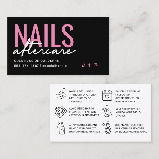 ピンクと黒の爪、 ネイルアフターケアカード 名刺 (正面/裏面)