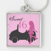 ピンクと黒の甘い16シルエットガールと車 キーホルダー (正面)