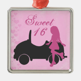 ピンクと黒の甘い16シルエットガールと車 メタルオーナメント