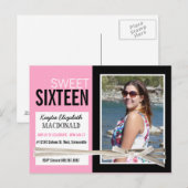ピンクと黒の甘い16パーティー（写真あり） インビテーションポストカード (正面/裏面)