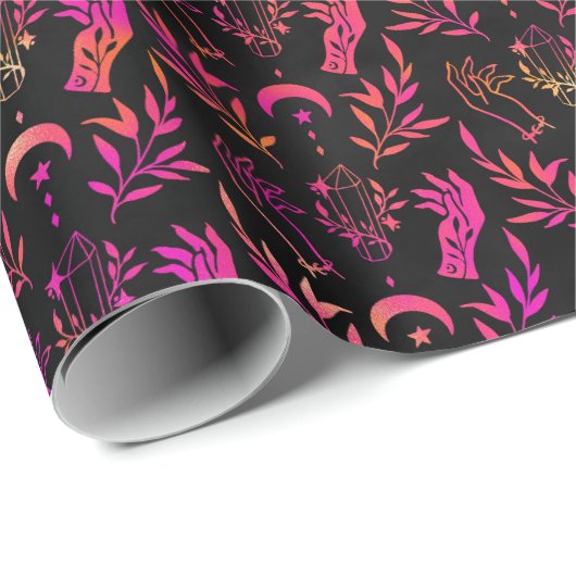 ピンクと黒の神秘的な手のフローラ結晶と月 ラッピングペーパー (ロールコーナー)