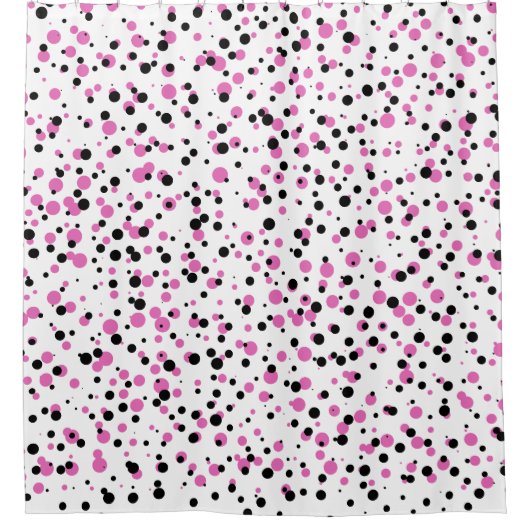 ピンクと黒の紙吹雪ドットパターン（白） シャワーカーテン (正面)