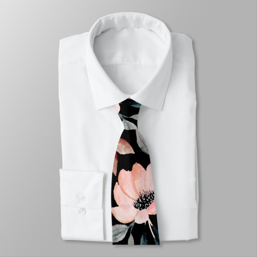 ピンクと黒の緑の水の色フローラルパターン ネクタイ (タイ)