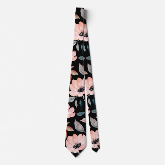 ピンクと黒の緑の水の色フローラルパターン ネクタイ (正面)