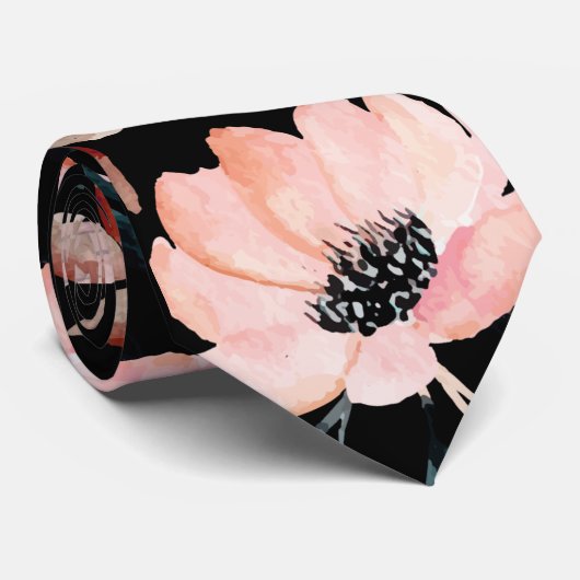 ピンクと黒の緑の水の色フローラルパターン ネクタイ (ロール)