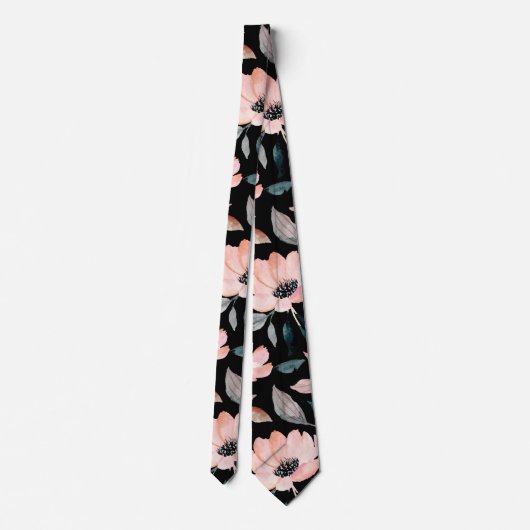 ピンクと黒の緑の水の色フローラルパターン ネクタイ (裏面)