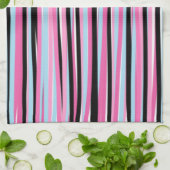 ピンクと黒の縦ストライプ列 キッチンタオル (折り畳み)