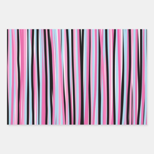 ピンクと黒の縦ストライプ列 ラッピングペーパーシート (正面2)