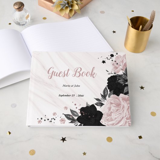 ピンクと黒の花グレー植物大理石ゲストb ゲストブック (正面見開き)