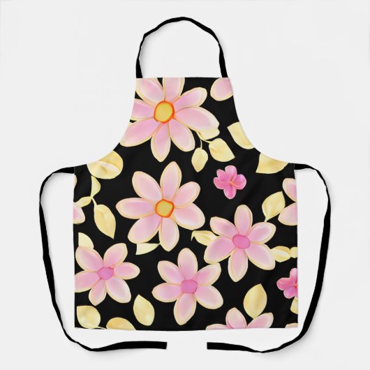 ピンクと黒の花柄 エプロン (正面)