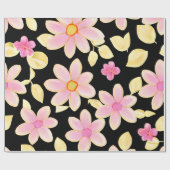 ピンクと黒の花柄 ラッピングペーパー (フラット)