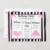 ピンクと黒の誕生日パーティーのはがき インビテーションポストカード (正面/裏面)