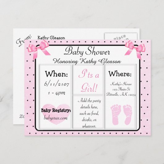 ピンクと黒の赤ちゃんシャワー招待状はがき インビテーションポストカード (正面/裏面)