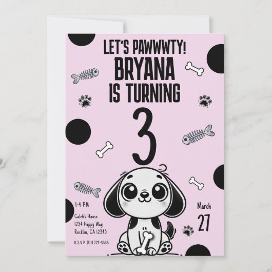 ピンクと黒の魚の骨の子犬の誕生日パーティー 招待状 (正面)